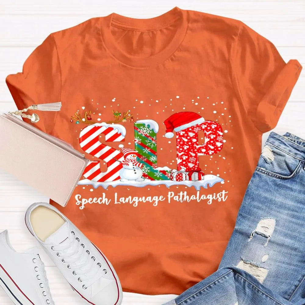 Speech Language Pathologist Tee, SLP Snowman Christmas Shirt, Holiday Speech Therapist T-Shirt, Winter SLP Graphic Tee, Speec