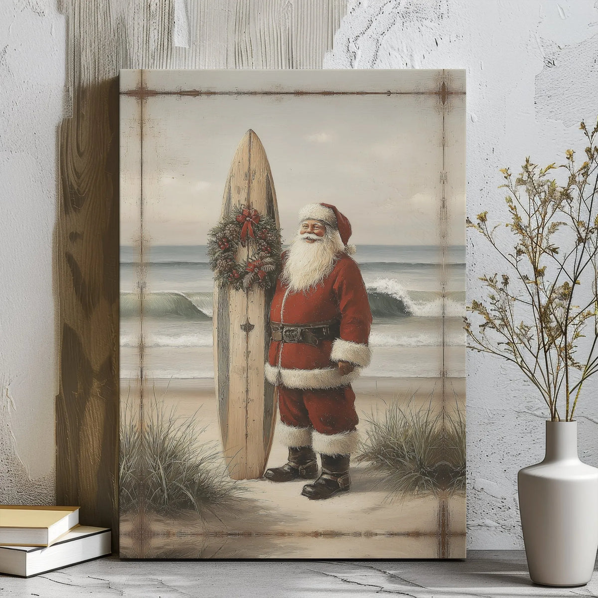 Vintage Surfing Santa Print, Coastal Santa Claus Canvas Wall Art, Tropical Christmas Canvas, Beach Holiday Decor, Surfer Sant
