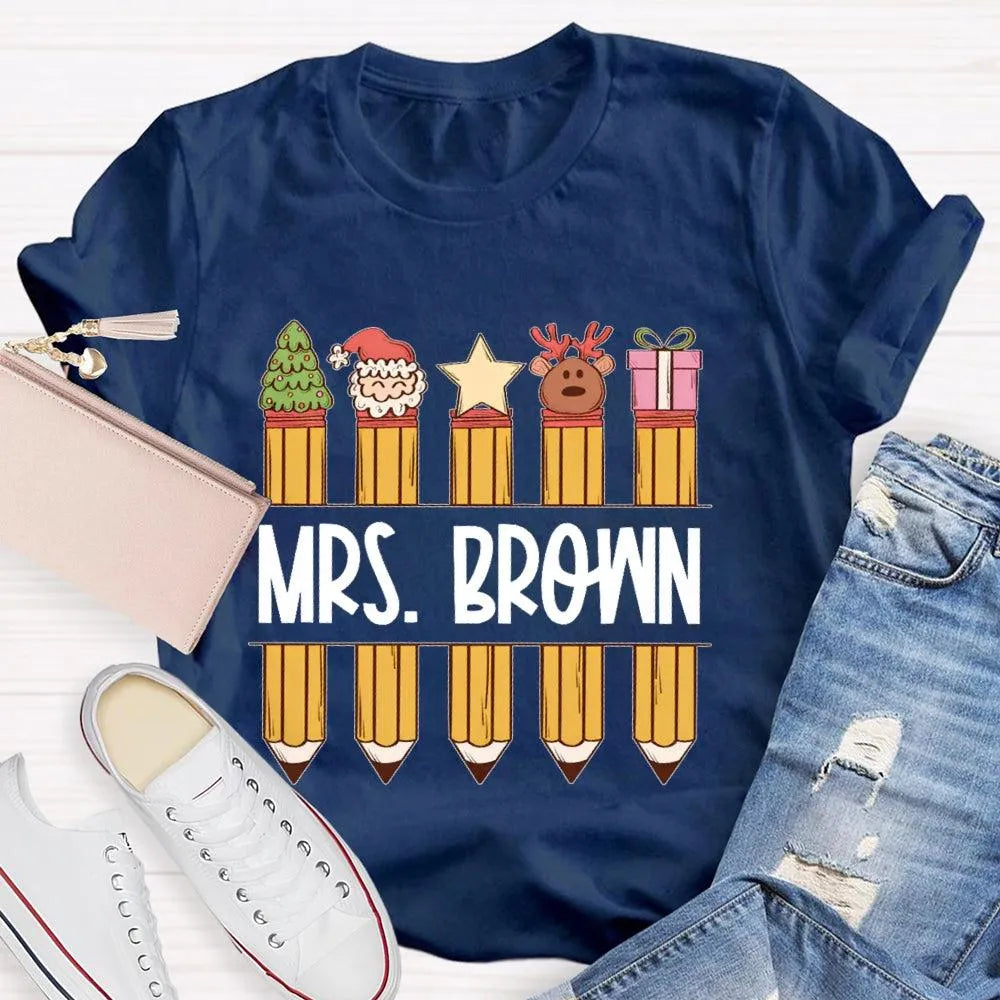 Custom Name Holiday Graphic Tee, Personalized Christmas Pencil Shirt, Adorable Teacher Christmas T-Shirt, Back to School Xmas