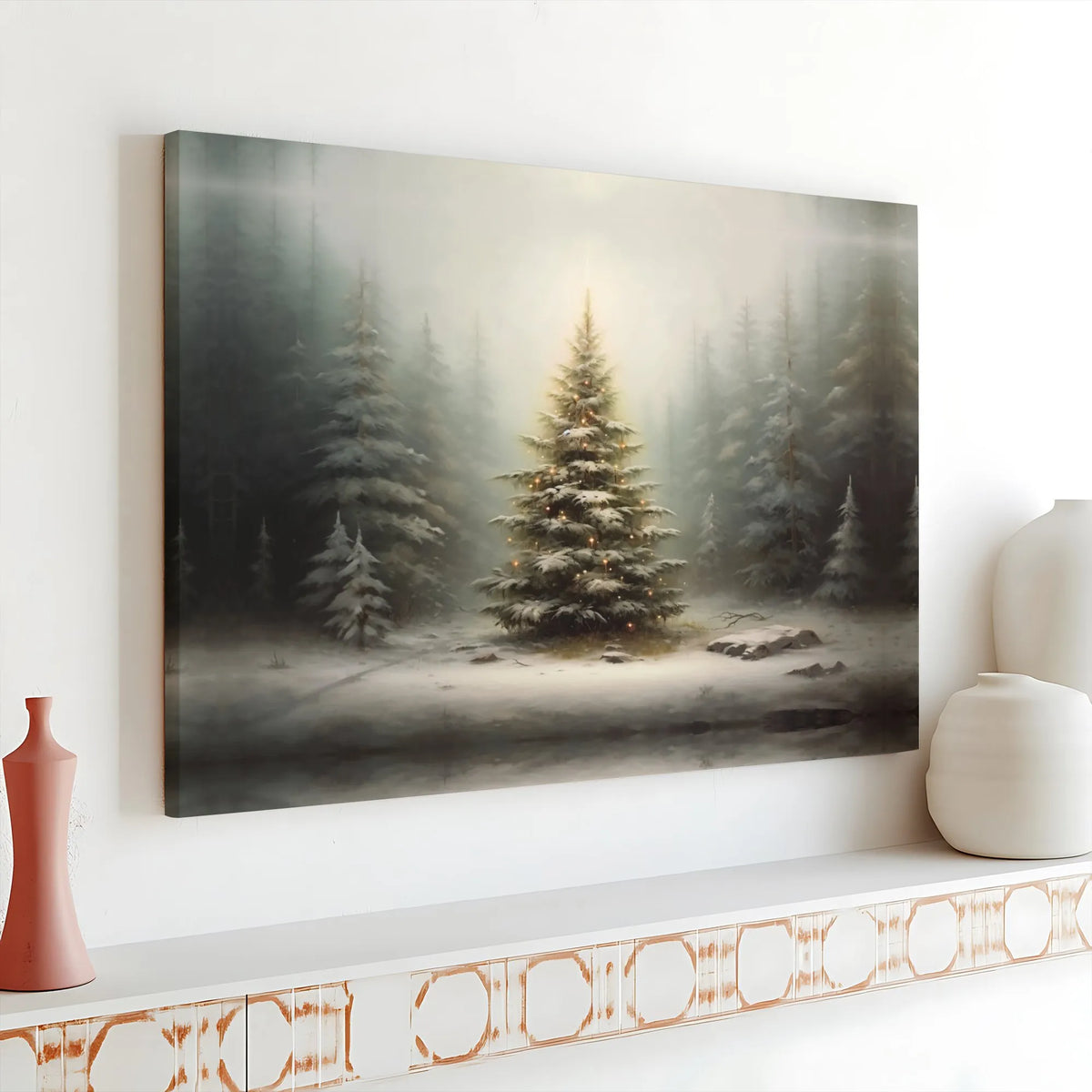 Illuminated Holiday Landscape Wall Decor, Snowy Winter Forest Christmas Tree Canvas Art, Comfy Winter Canvas Print, Christmas