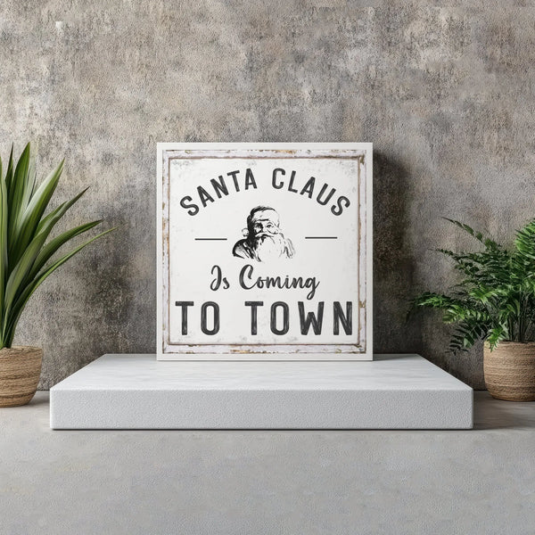 Vintage Santa Claus Square Canvas Print, Santa Is Coming to Town Canvas, Retro Holiday Typography Canvas Art, Christmas Wall 
