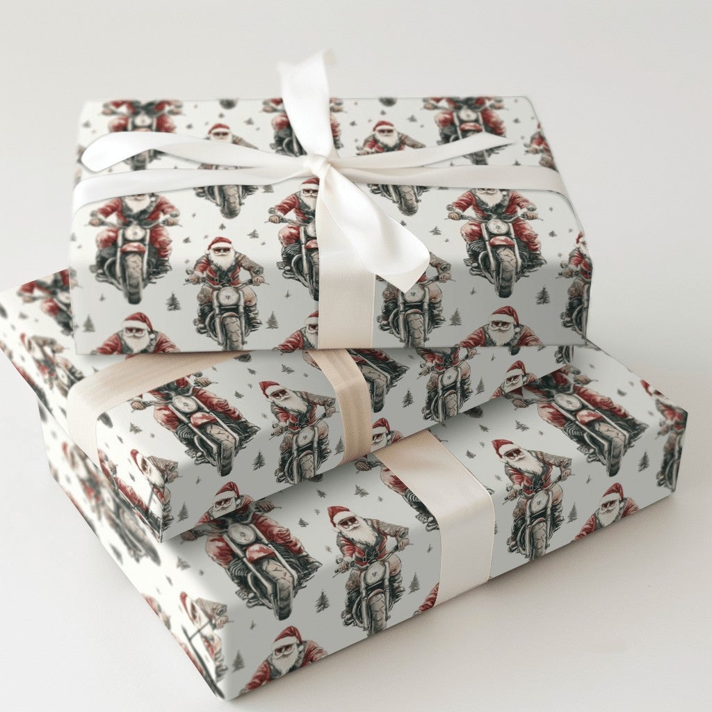 Motorcycle Christmas Gift Wrap, Biker Santa Wrapping Paper, Cool Santa Holiday Wrapping Paper, Retro Motorcyclist Xmas Gift W
