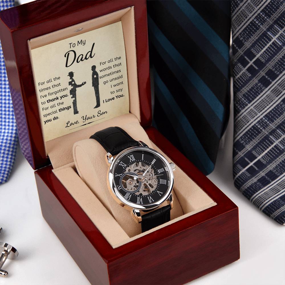 Openwork Mechanical Timepiece, Dad Automatic Skeleton Watch, Genuine Leather Band Dad Watch, LED Mahogany Box Christmas Prese