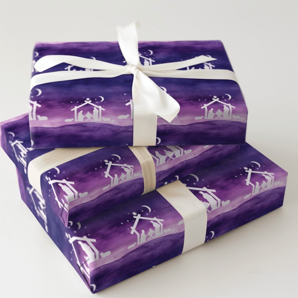 Christian Christmas Gift Wrap, Nativity Scene Wrapping Paper, Purple Starry Night Holiday Paper, Religious Holy Family Gift W