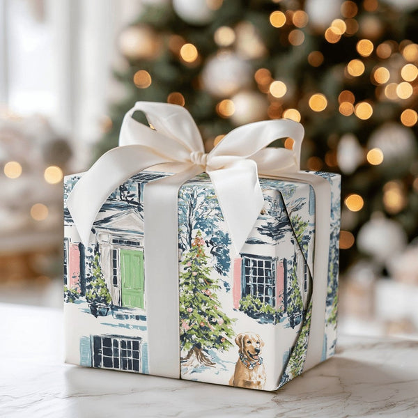 Colonial House Gift Wrap, Yellow Labrador Christmas Wrapping Paper, Festive Dog Wrapping Paper, Holiday Gift Wrap, Dog Lover 