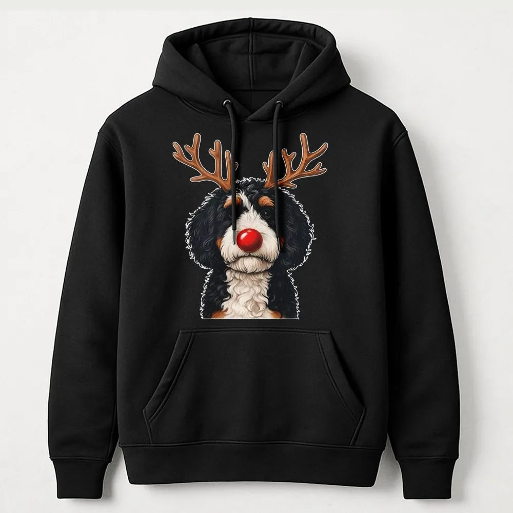 Reindeer Dog Holiday Hoodie, Bernadoodle Christmas Hoodie, Bernedoodle Sweatshirt, Adorable Dog Lover Graphic Hoodie, Present