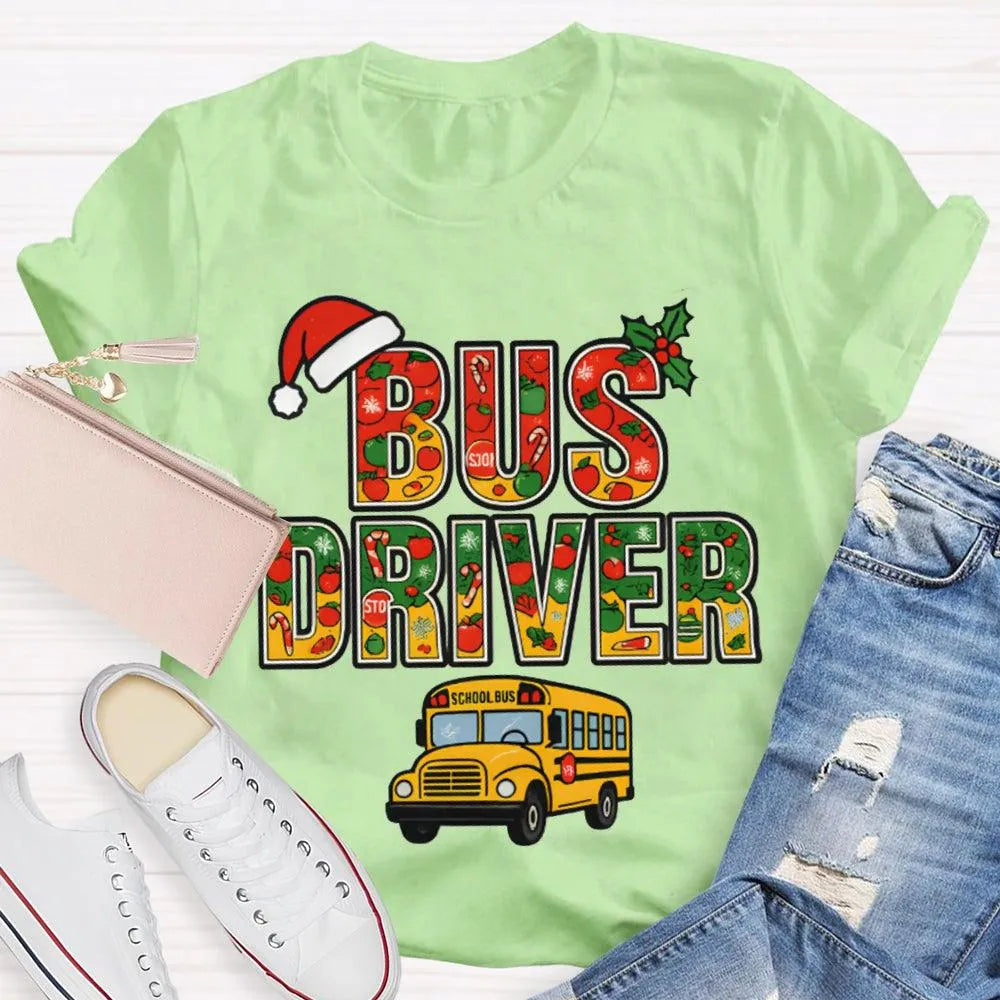 Santa Hat Bus Driver Graphic Tee, School Bus Driver Christmas T-Shirt, Humorous Holiday Driver Shirt, Transportation Staff Xm