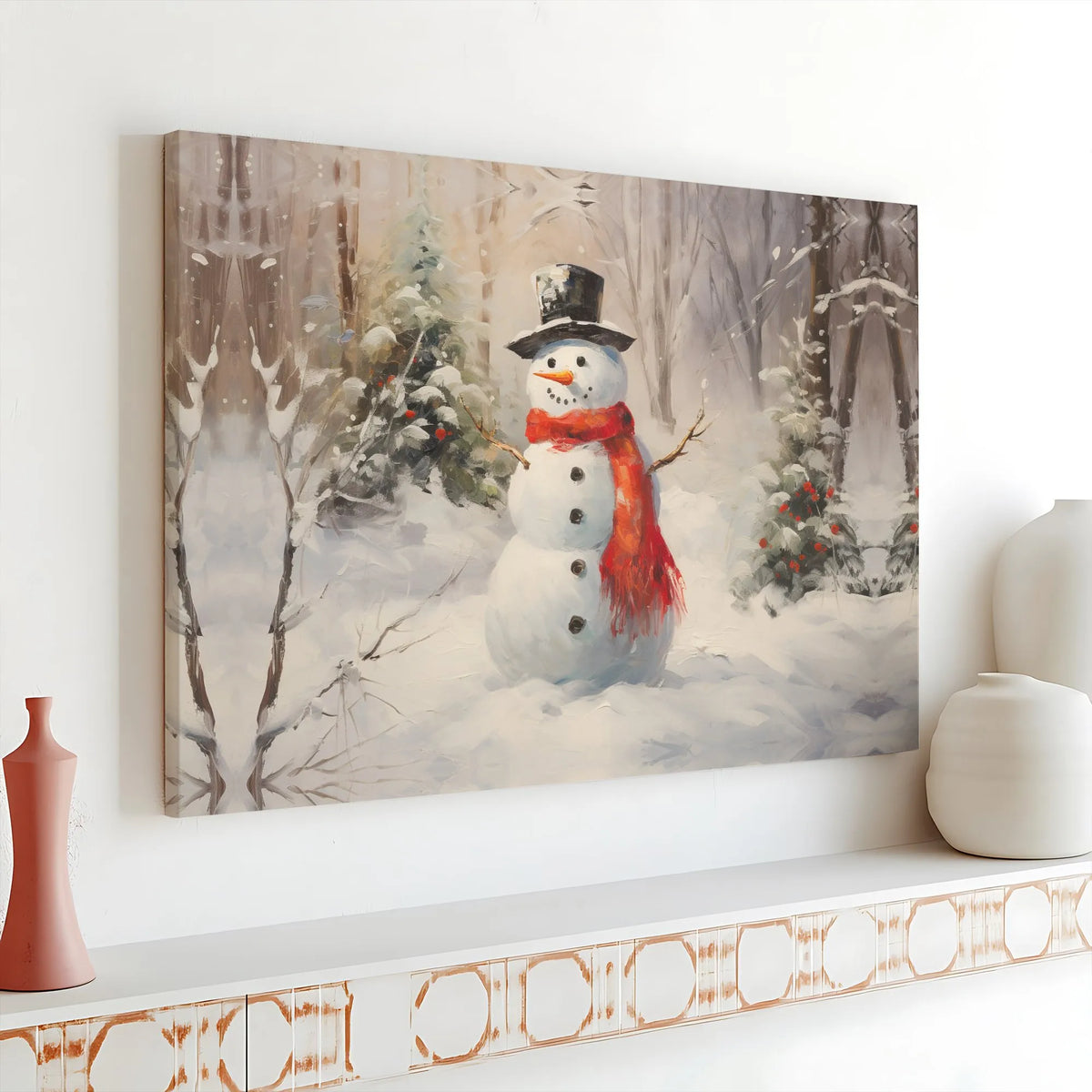 Red Scarf Forest Scene Print, Winter Snowman Canvas Wall Art, Christmas Holiday Canvas Wall Decor, Printable Digital Download