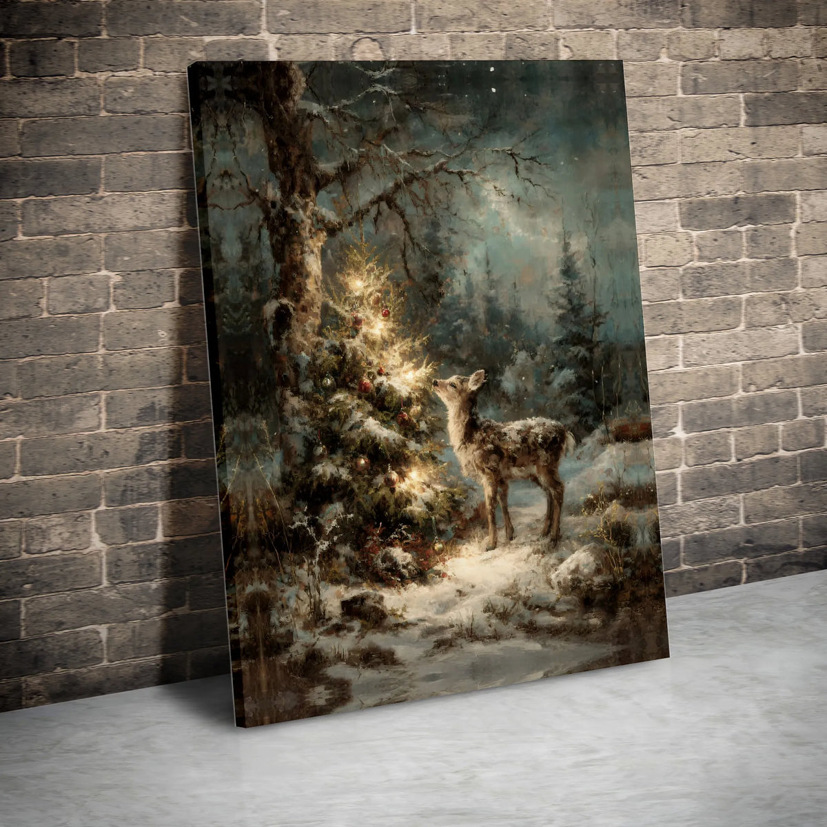 Snowy Forest Winter Wonderland Print, Christmas Deer Canvas Wall Art, Holiday Reindeer Canvas Decor, Rustic Christmas Season 