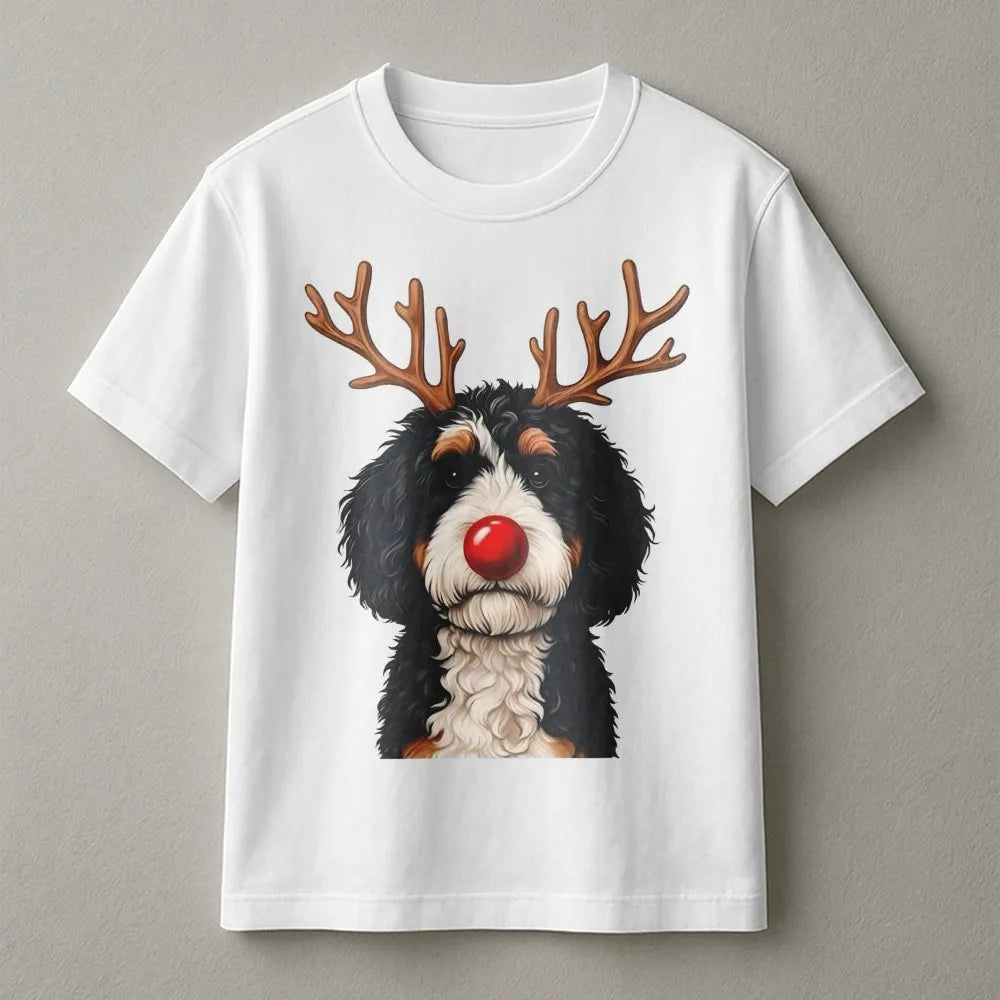 Reindeer Antlers Puppy Dog Graphic Tee, Bernedoodle Christmas T-Shirt, Doodle Pet Holiday Shirt, Adorable Dog Mom Winter Seas