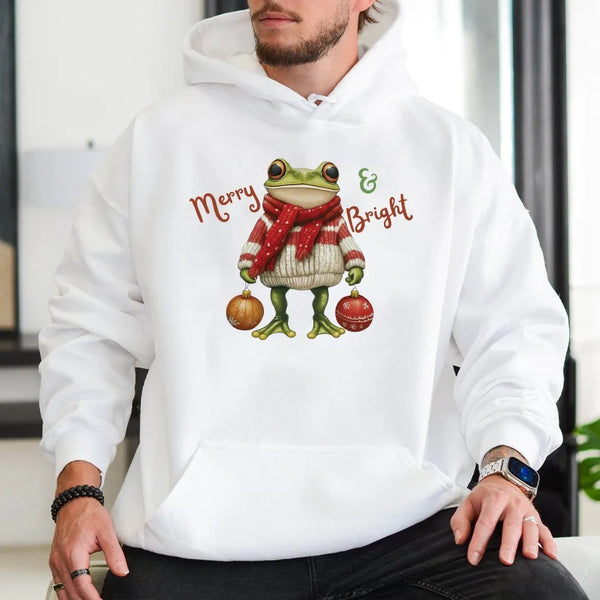 Merry and Bright Frog Sweatshirt, Christmas Frog Hoodie, Adorable Animal Holiday Hoodie, Festive Xmas Frog Hooded Pullover, W