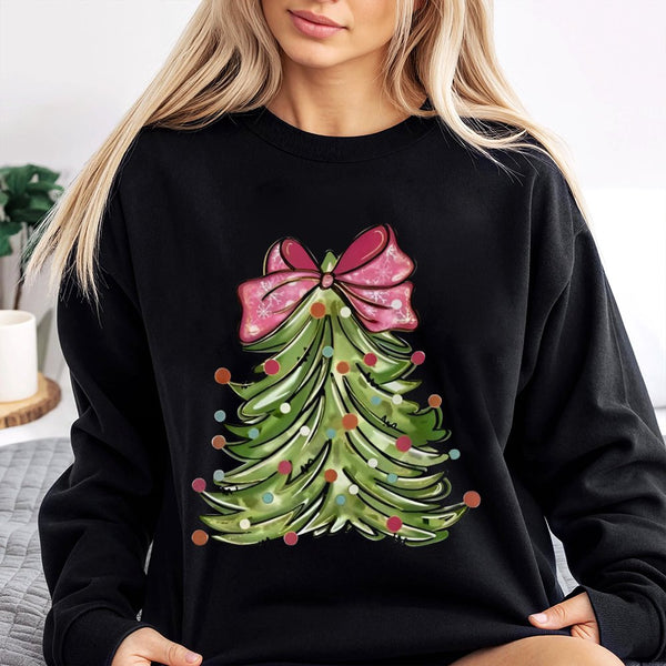 Adorable Christmas Tree Crewneck, Pink Bow Christmas Tree Sweatshirt, Retro Holiday Tree Sweater, Coquette Christmas Sweatshi