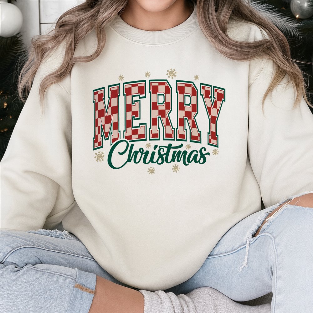 Retro Varsity Holiday Sweatshirt, Red Checkerboard Merry Christmas Sweatshirt, Adorable Xmas Graphic Sweatshirt, Holiday Crew