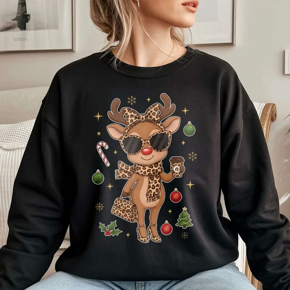 Leopard Print Reindeer Sweatshirt, Boujee Reindeer Sweatshirt, Christmas Deer Holiday Crewneck, Adorable Winter Pullover Rein