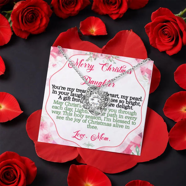 Christmas Knot Necklace with Rotating Rose Box, To My Daughter Love Knot Necklace from Mom, Sparkling CZ Pendant Necklace, Ho