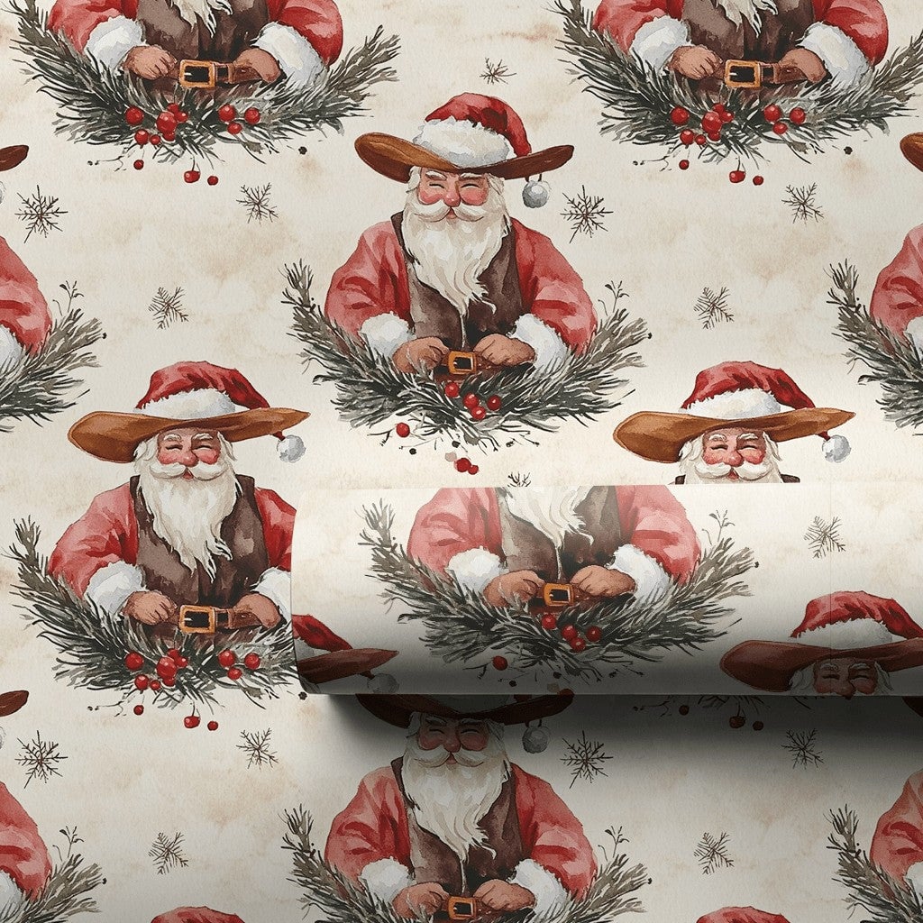 Watercolor Country Christmas Gift Wrap, Rustic Cowboy Santa Wrapping Paper, Western Santa Wreath Holiday Paper, Vintage Xmas 