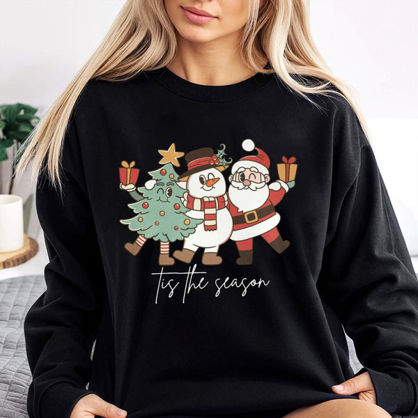 Retro Santa Snowman Tree Holiday Crewneck, Tis the Season Christmas Sweatshirt, Vintage Christmas Sweater, Family Xmas Sweats