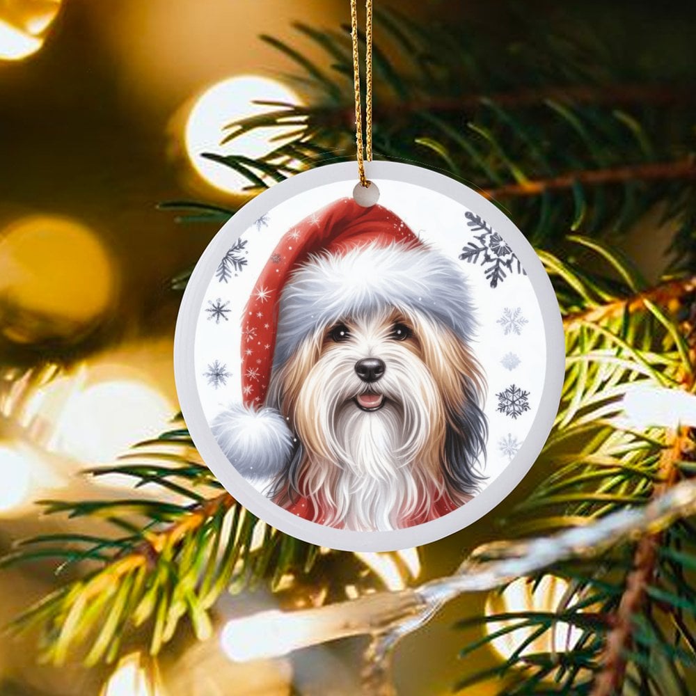 Adorable Puppy in Santa Hat Ceramic Ornament, Havanese Dog Christmas Ornament, Festive Havanese Tree Decor, Dog Lover Xmas Ke