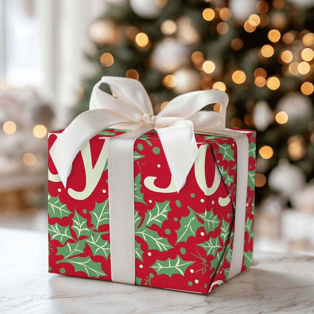 Red Holly Berry Gift Wrap, JOY Christmas Wrapping Paper, Festive Holiday Wrapping Paper, Xmas Gift Wrap Roll, Winter Present 