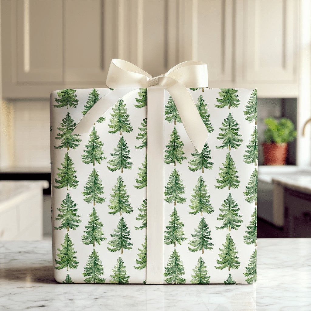 Rustic Woodland Gift Wrap, Watercolor Pine Tree Wrapping Paper, Evergreen Forest Wrapping Paper, Winter Holiday Christmas Gif