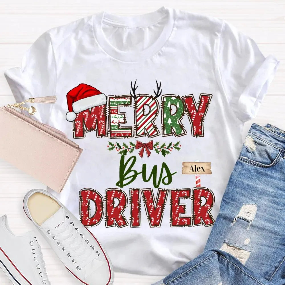 Custom Santa Hat Holiday Graphic Tee, Personalized Bus Driver Christmas T-Shirt, Merry Christmas Driver Shirt, Adorable Xmas 