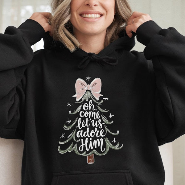 Christmas Tree Bow Sweatshirt, Oh Come Let Us Adore Him Hoodie, Christian Holiday Hooded Pullover, Religious Xmas Hoodie, Fai