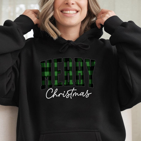 Buffalo Plaid Lettering Hoodie, Green Plaid Merry Christmas Hoodie, Festive Winter Holiday Hoodie, Comfy Xmas Pullover Sweats
