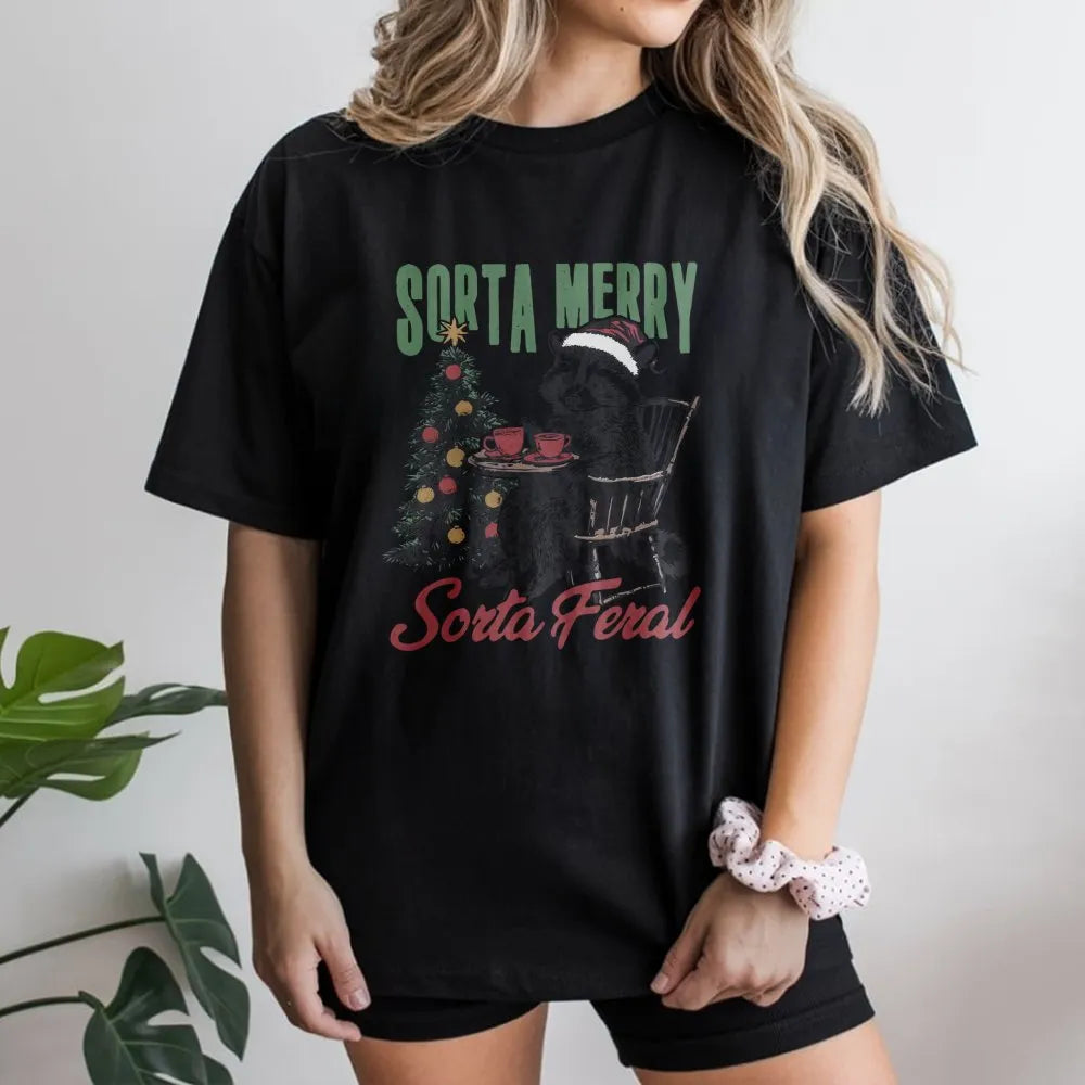 Humorous Christmas Animal Graphic Tee, Sorta Merry Sorta Feral Raccoon T-Shirt, Sarcastic Raccoon Shirt, Holiday Winter Trash