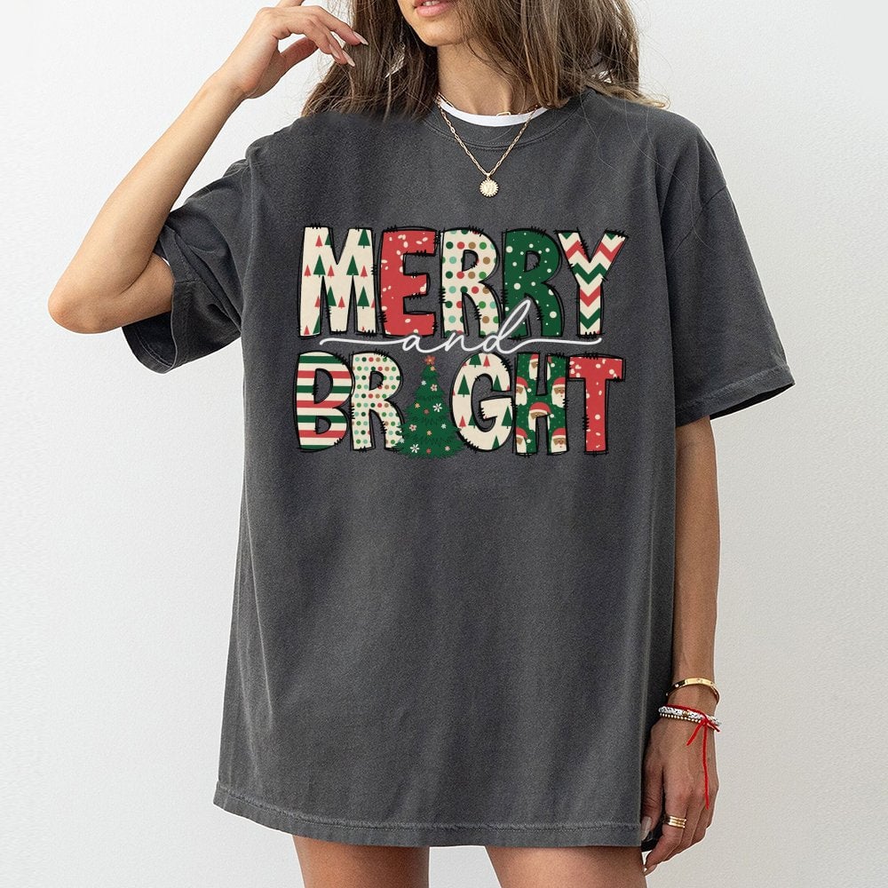 Festive Christmas Tree Typography Tee, Merry and Bright T-Shirt, Holiday Season Graphic Shirt, Xmas Winter Merry Bright T-Shi