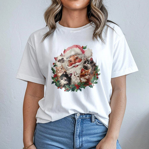Retro Adorable Festive Cat Lover Graphic Tee, Santa and Kittens Christmas T-Shirt, Whimsical Holiday Cat Mom Shirt, Vintage X