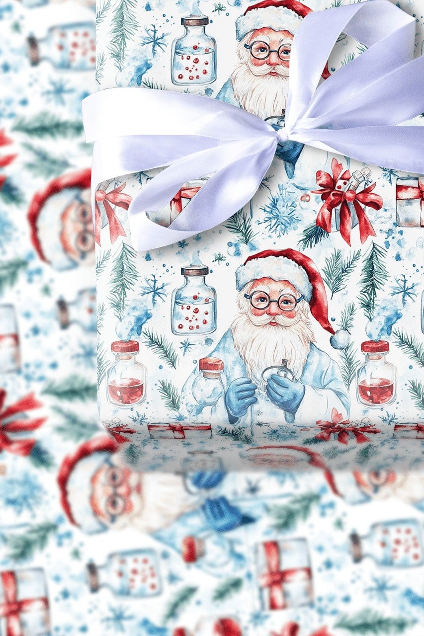 Medical Holiday Gift Wrap, Scientist Santa Wrapping Paper, Lab Coat Santa Christmas Paper, Science Gift Wrap, Doctor Nurse Ho