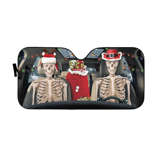 Holiday Windshield Sun Shade, Christmas Skeleton Couple Car Sunshade, Winter Gothic Auto Sunshade, Festive Sun Shade, Car Lov
