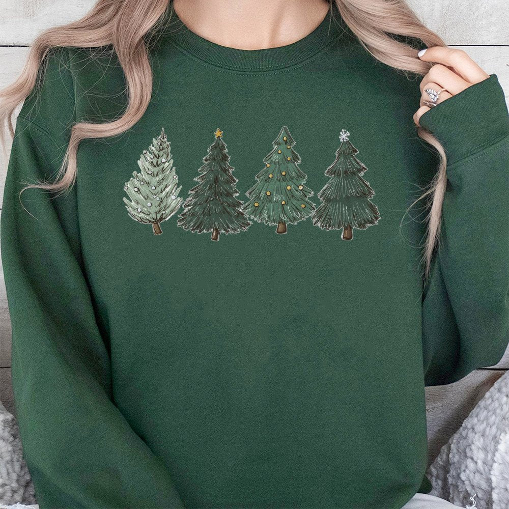 Hand Drawn Pine Tree Holiday Crewneck, Minimalist Christmas Tree Sweatshirt, Comfy Winter Forest Sweater, Neutral Xmas Graphi