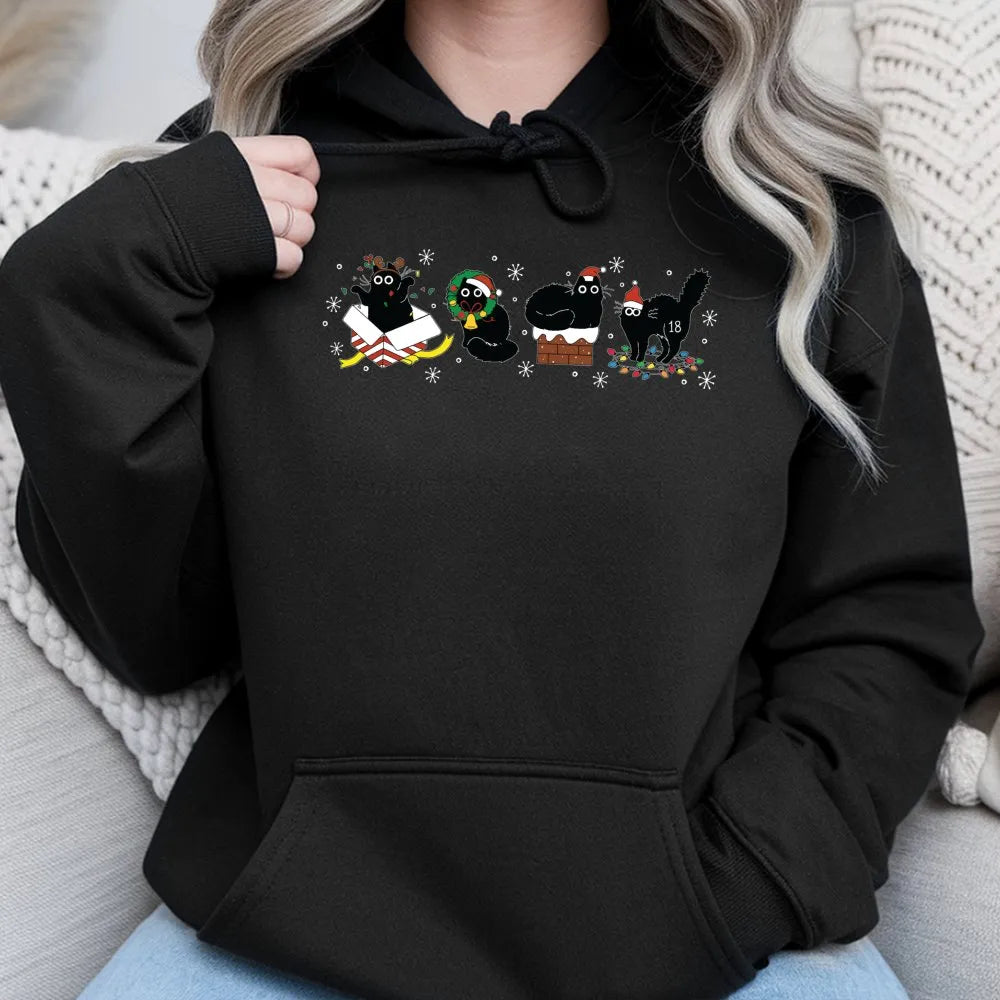 Festive Kitten Graphic Hoodie, Christmas Black Cat Hoodie, Humorous Cat Lover Holiday Hoodie, Adorable Animal Winter Pullover