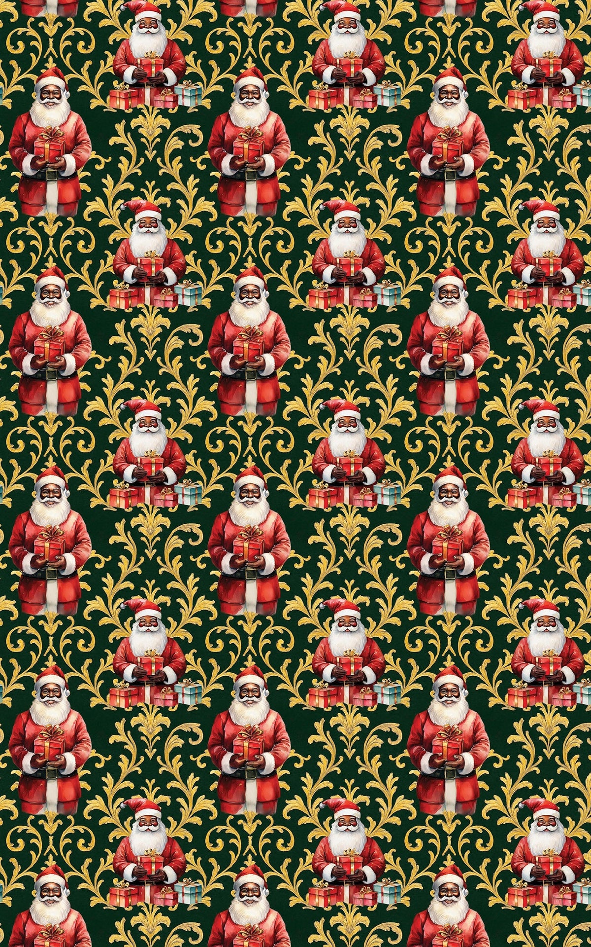 Gold Damask Christmas Gift Wrap, Black Santa Wrapping Paper, Navy Gold Santa Present Paper, Black Santa Holiday Wrapping Pape