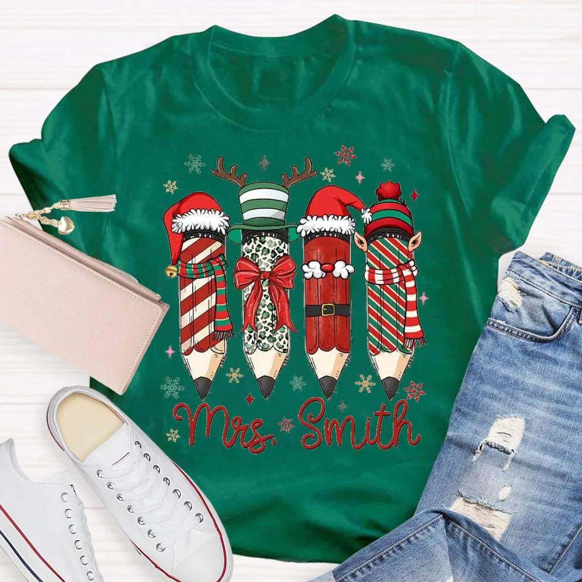 Adorable Pencil Holiday T-Shirt, Personalized Teacher Christmas Shirt, Custom Teacher Tee, Festive School Graphic Shirt, Holi