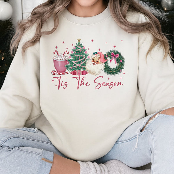 Vintage Santa and Tree Crewneck, Tis the Season Christmas Sweatshirt, Comfy Holiday Graphic Sweater, Retro Winter Apparel Pre