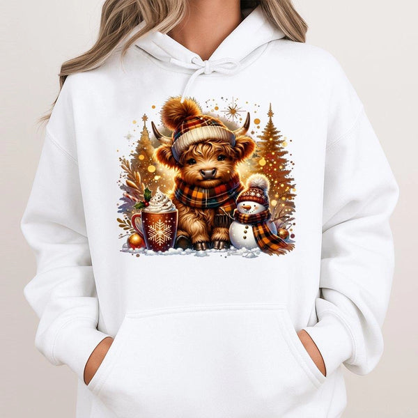 Snowman Hot Cocoa Sweatshirt, Highland Cow Christmas Hoodie, Adorable Winter Cow Graphic Hoodie, Comfy Farmhouse Pullover, An
