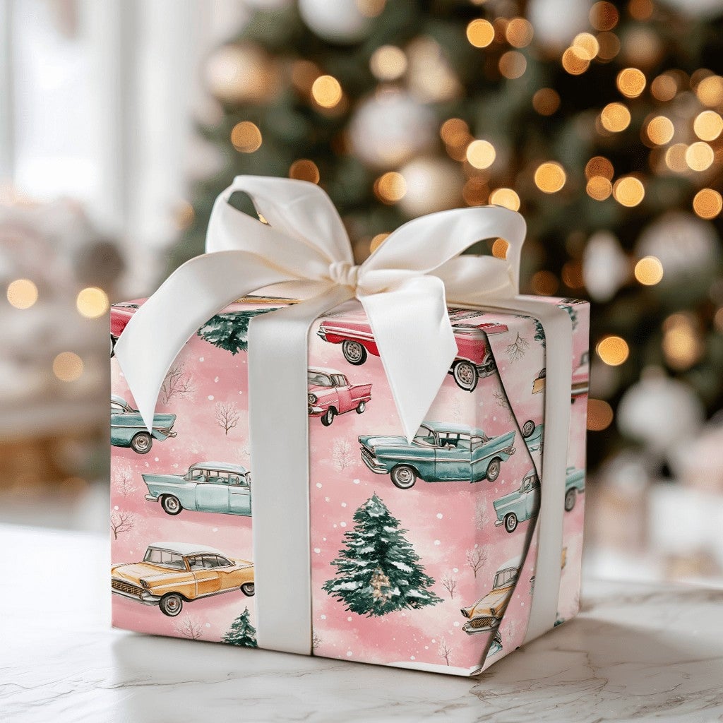 Retro Winter Tree Holiday Wrapping Paper, Vintage Pink Christmas Car Wrapping Paper, Pastel Xmas Gift Wrap Roll, Snowy Season