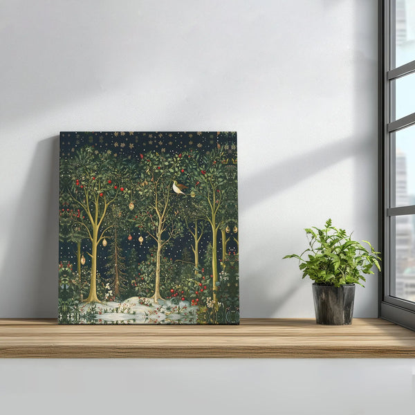 Snowy Woodland Berries Holiday Print, Enchanted Winter Forest Square Canvas Wall Art, Christmas Tree Canvas Poster, Seasonal 