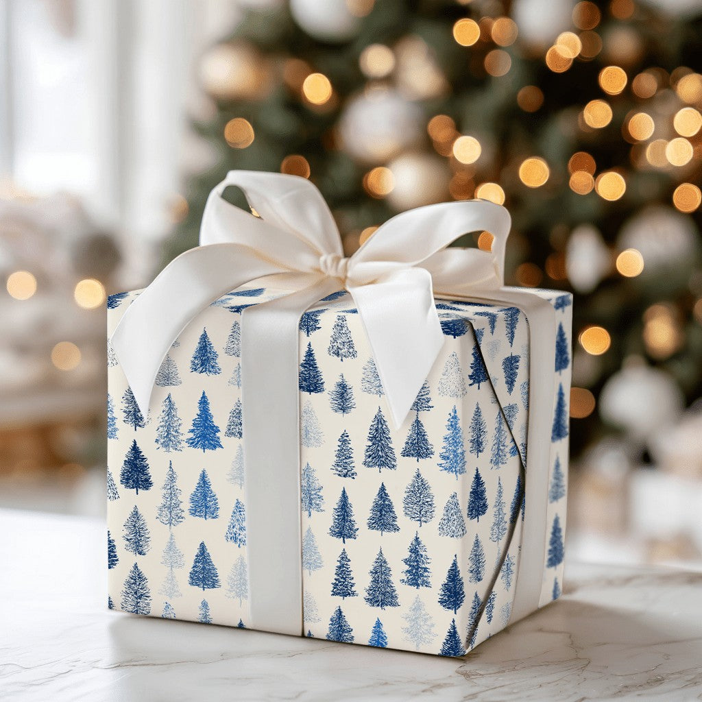 Winter Forest Holiday Gift Wrap, Blue Pine Tree Wrapping Paper, Woodland Pine Tree Wrapping Paper, Christmas Tree Gift Wrap R