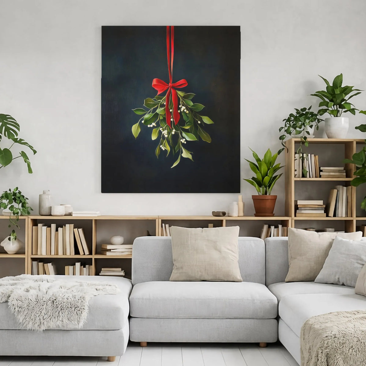Hanging Mistletoe with Red Ribbon Canvas Print, Mistletoe Canvas Wall Art, Minimalist Holiday Canvas, Christmas Botanical Wal
