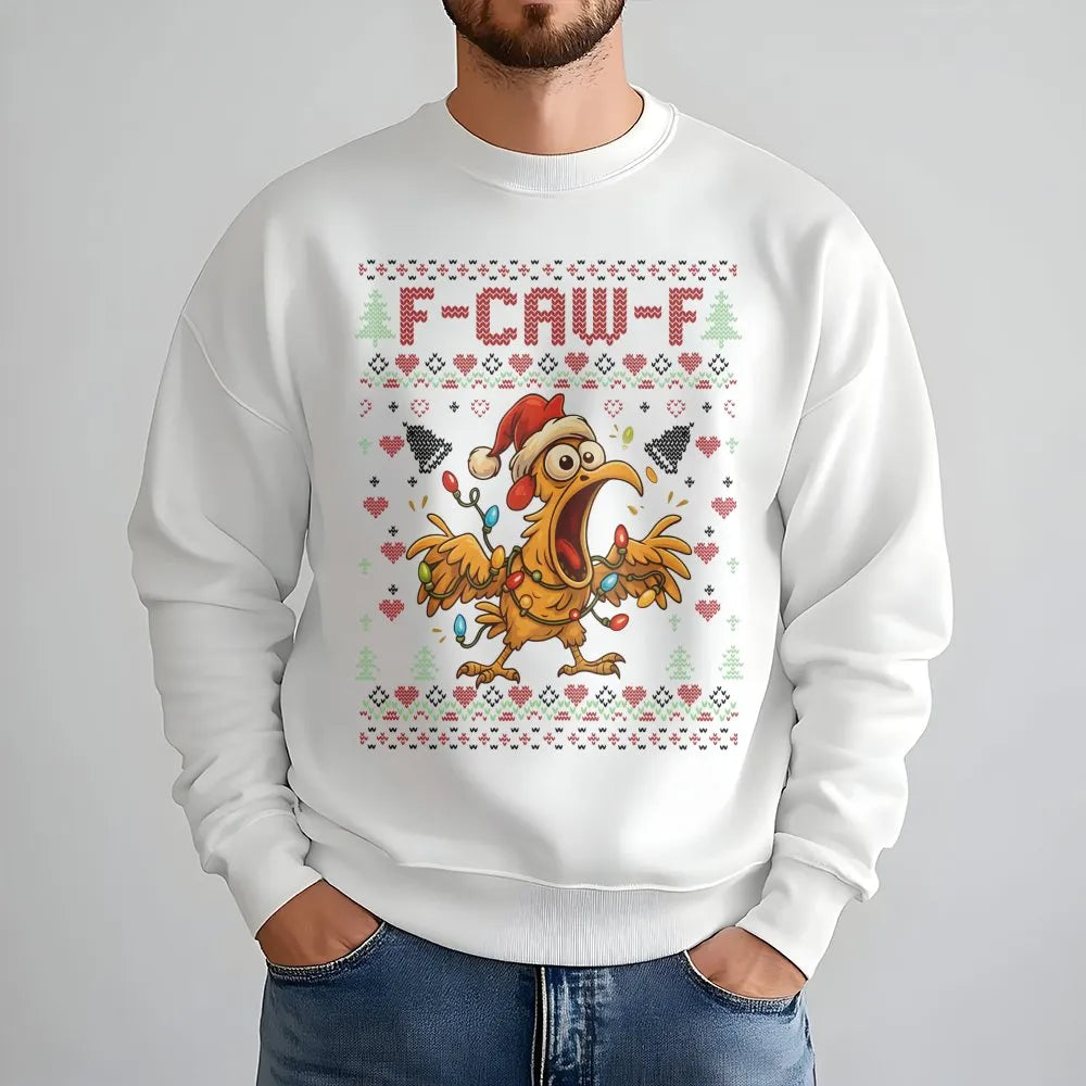 Humorous Rooster Chicken Holiday Sweater, F-Caw-F Ugly Christmas Sweatshirt, Sarcastic Poultry Farmer Xmas Pullover, Joke Pre