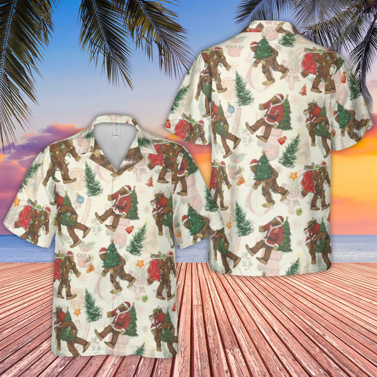 Humorous Sasquatch Aloha Shirt, Bigfoot Santa Christmas Hawaiian Shirt, Ugly Xmas Button Down Shirt, Holiday Vacation Beach S