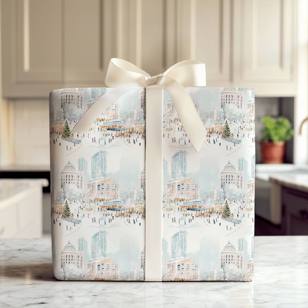 Winter Town Square Gift Wrap, Ice Skating City Wrapping Paper, Festive Christmas Tree Wrapping Paper, Holiday Season Wrapping