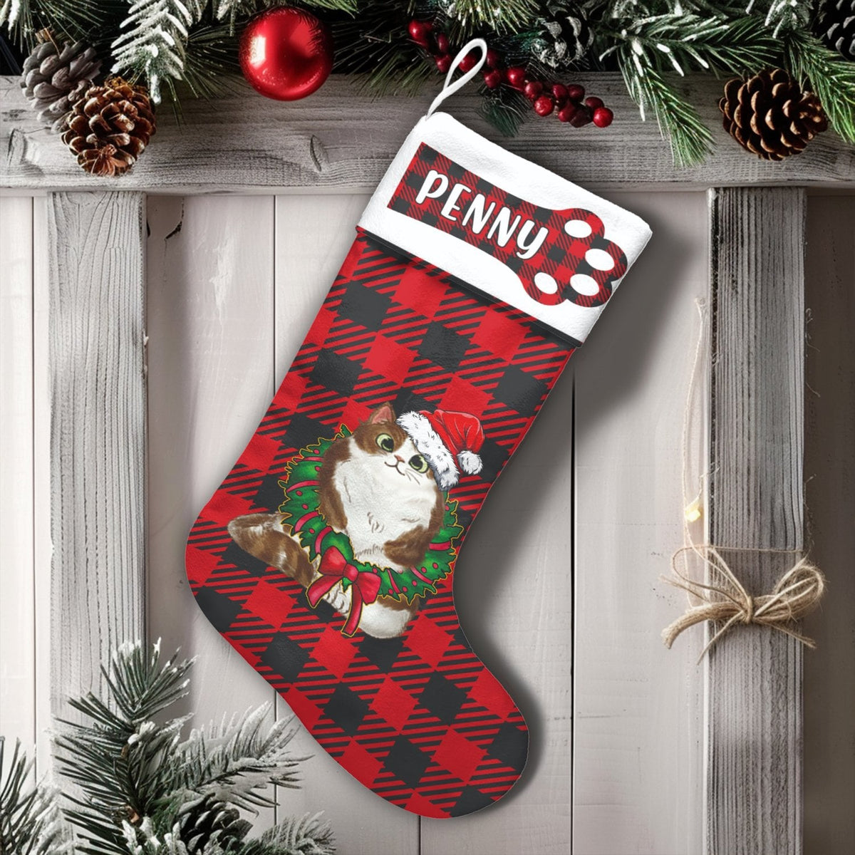 Custom Pet Holiday Stocking, Personalized Red Plaid Cat Christmas Stocking, Buffalo Check Christmas Stocking, Velboa Cat Xmas