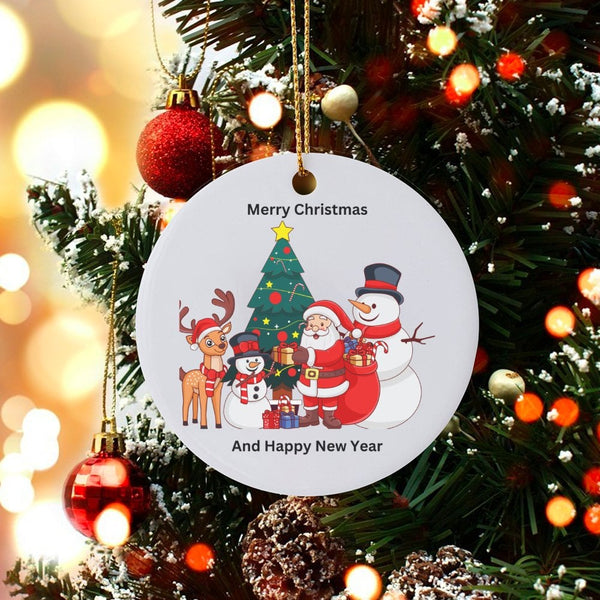 Santa Claus and Reindeer Ornament, Merry Christmas Tree Ceramic Ornament, Festive Holiday Keepsake Ornament, Christmas Presen