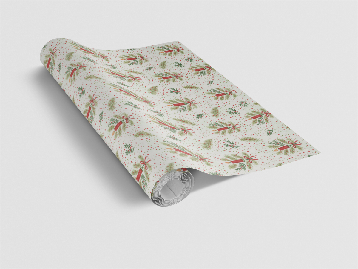 Candle and Pine Botanical Gift Wrap, Glow of Noel Christmas Wrapping Paper, Festive Holiday Wrapping Paper, Traditional Noel 