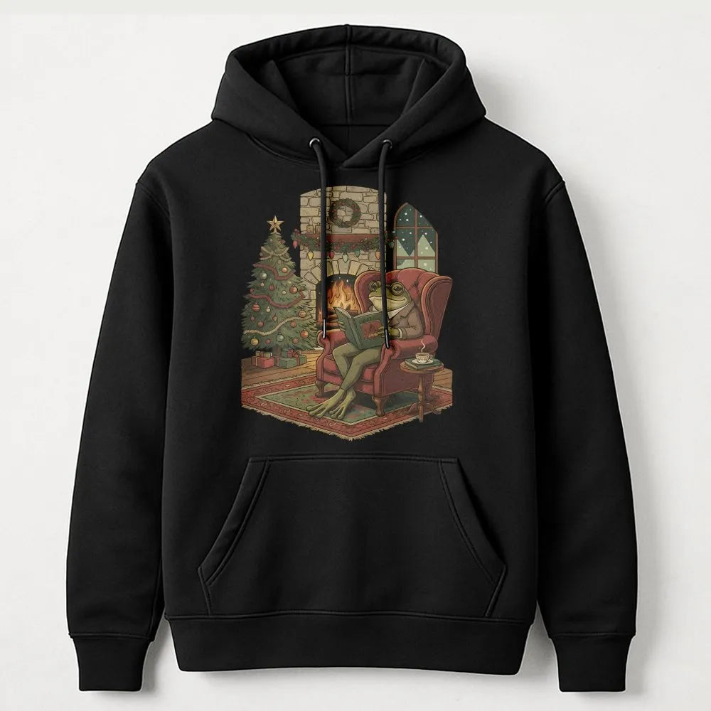 Comfy Christmas Bookish Frog Hoodie, Reading Frog Hoodie, Book Lover Holiday Hoodie, Adorable Cottagecore Reader Pullover Swe