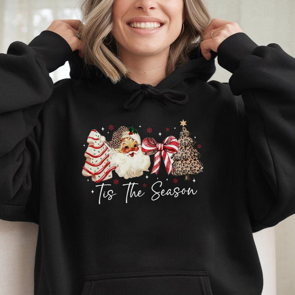 Leopard Christmas Tree Hooded Sweatshirt, Retro Santa Tis the Season Hoodie, Adorable Festive Winter Pullover, Womens Holiday
